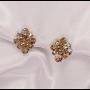 Signed SHERMAN Topaz & Aurora Borealis Rhinestone Bead Cluster Earrings